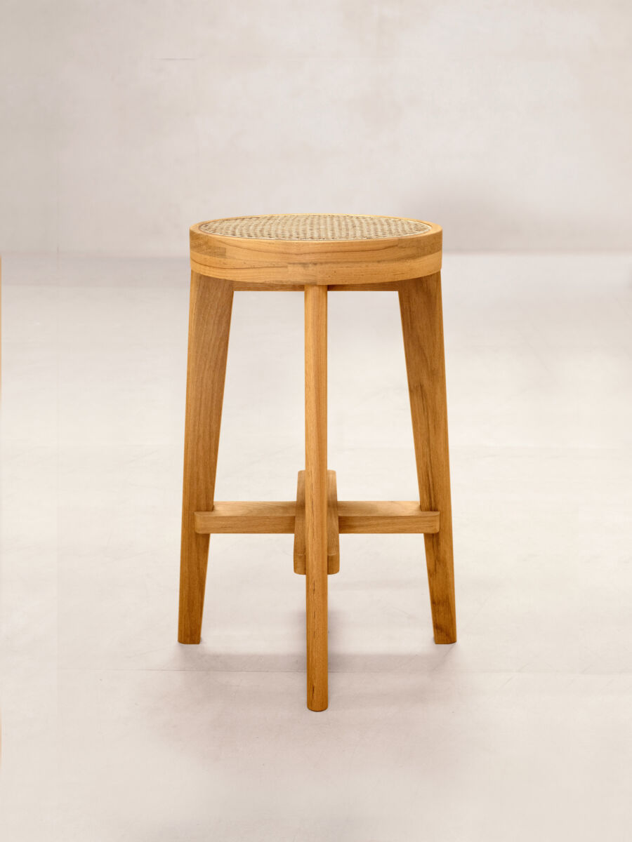 02 High Cane Seat Stool Front Natural Teak